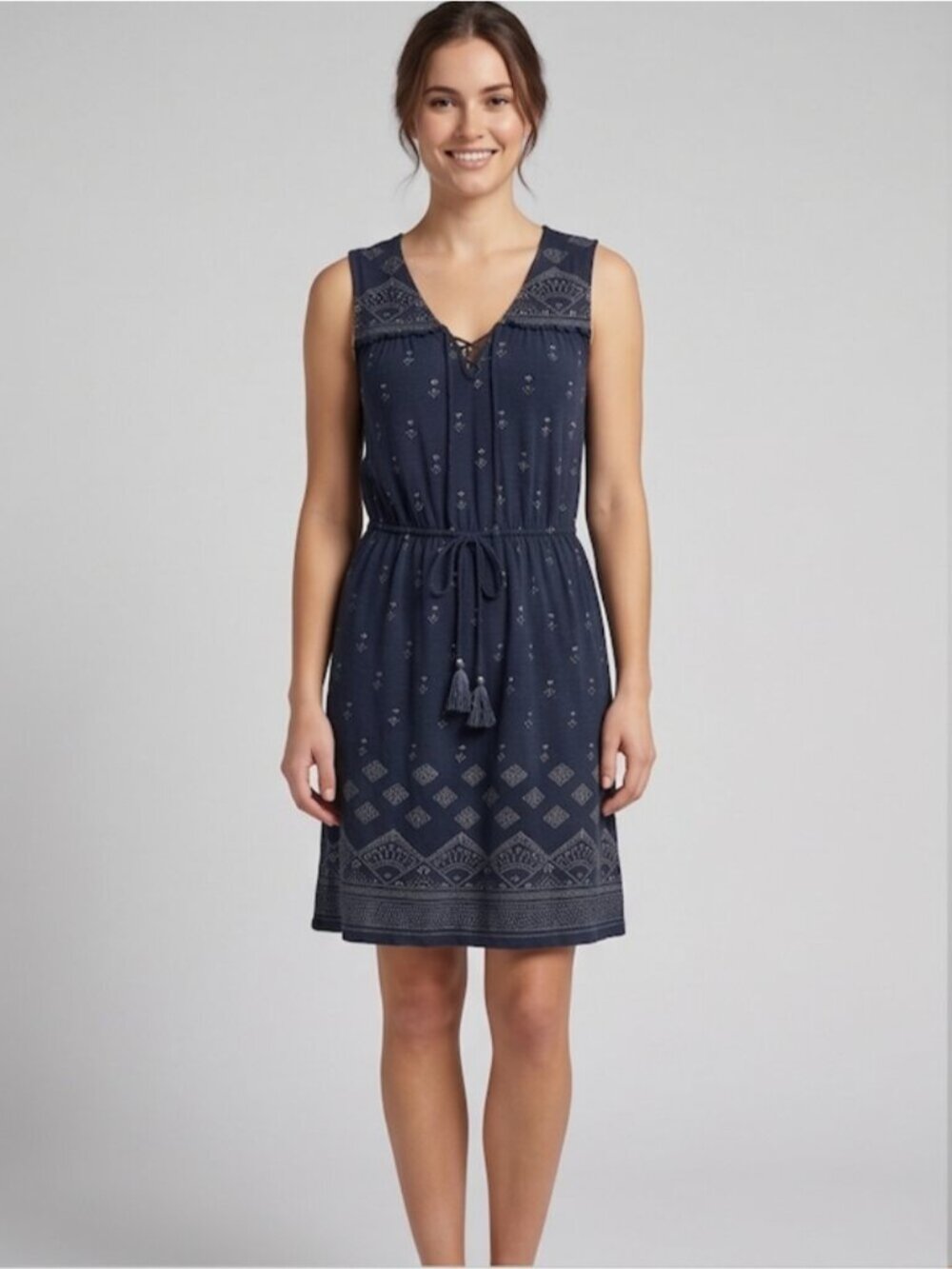 lucky brand blue dress Navy Embroidered Beaded Sleeveless Shift feminine styling SN:ILD6997 Kaiia - Rib Knit Color:Washed Charcoal